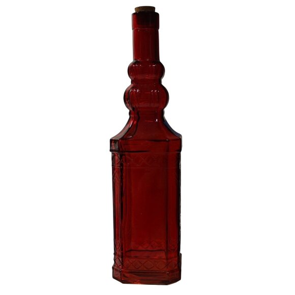 Vtg Ruby Red Glass Decanter w/Cork Stopper/Raised Design Holiday Bottle/Vase - Picture 1 of 7